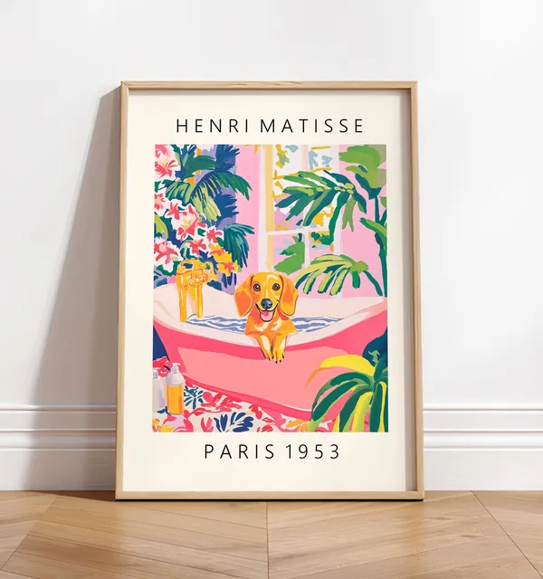 Dachshund Funny Bathroom Wall Art, Mid-Century
