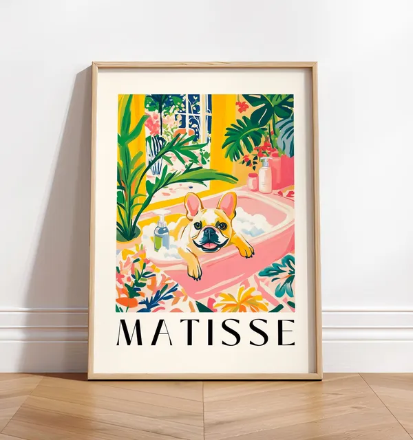 French Bulldog in Bathtub, Matisse-Inspired Poster