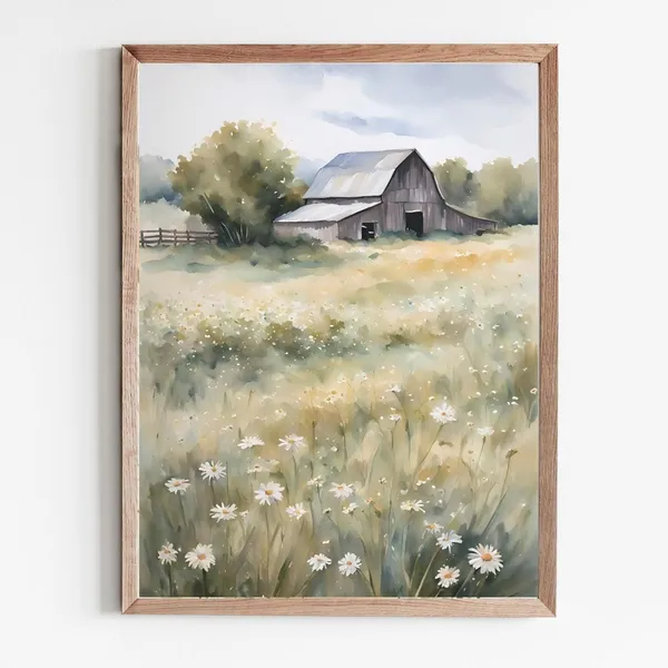Old Barn Painting Daisy Field Watercolor Art Print