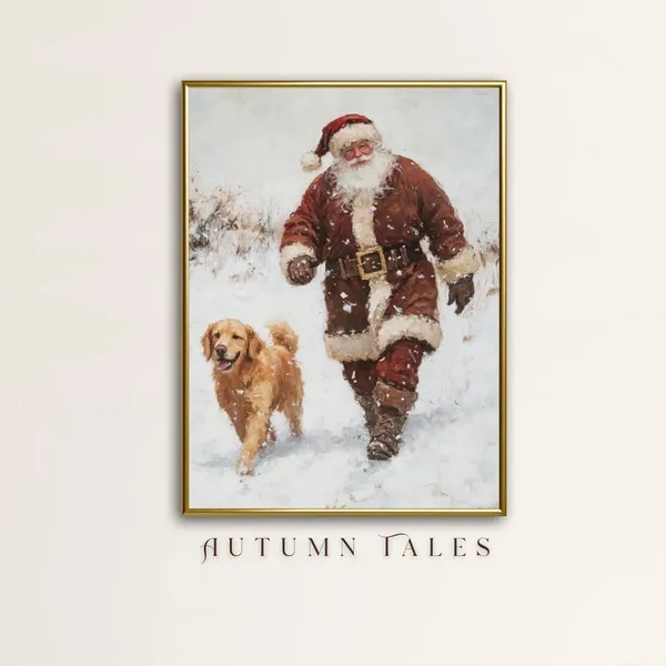Santa Golden Retriever Christmas Art Print, Vintage