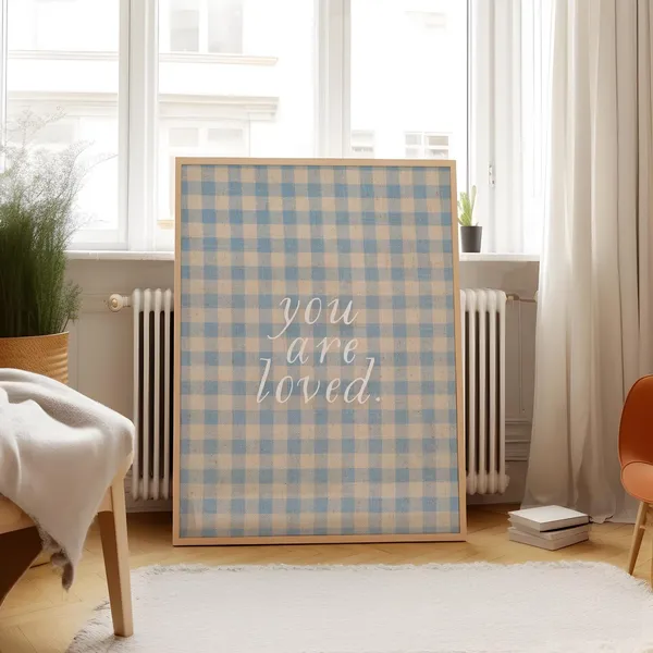 Blue Gingham You Are Loved Art Print, Nursery Decor