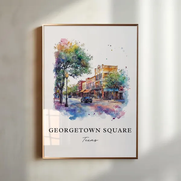 Georgetown Texas Watercolor Travel Poster, TX Square