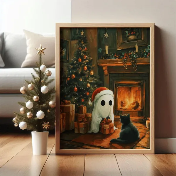 Ghost and Black Cat Christmas Poster, Spooky Holiday Art
