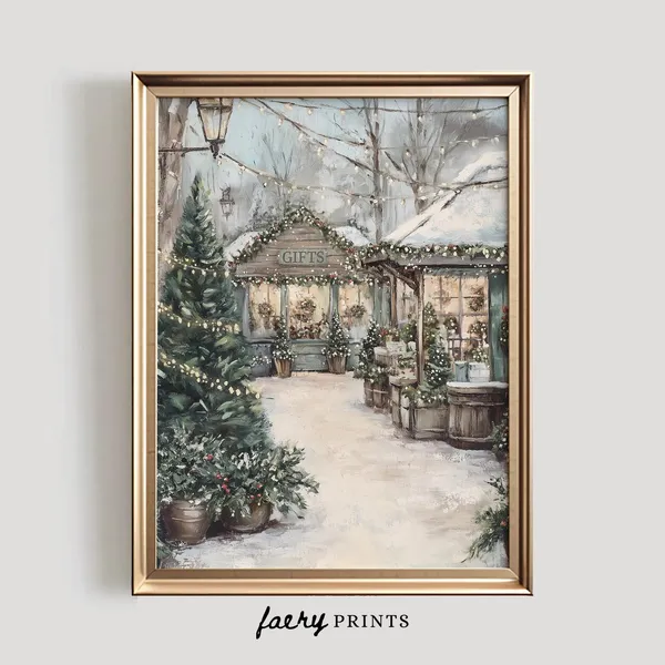 Winter Market Scene Art Print, Festive Holiday Decor