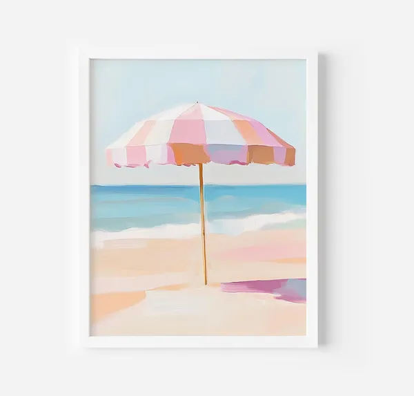 Pink Beach Umbrella Painting, Retro Summer Art Print