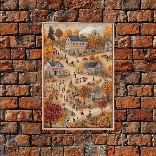 Folk Art Harvest Scene, Autumn Wall Art Print