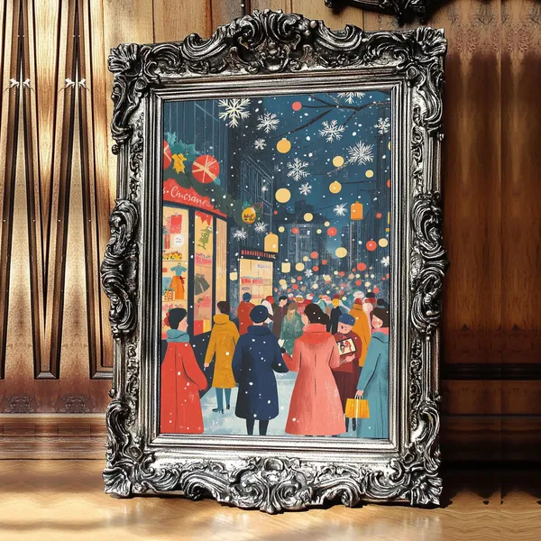 Retro City Christmas Shopping Scene, Vintage Holiday Poster