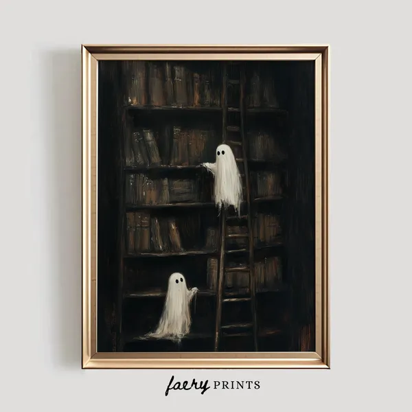 Ghost Library Halloween Art Print, Cute Book Decor