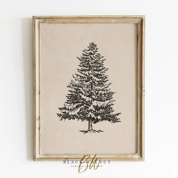 Winter Tree Sketch Christmas Art Print, Neutral Farmhouse