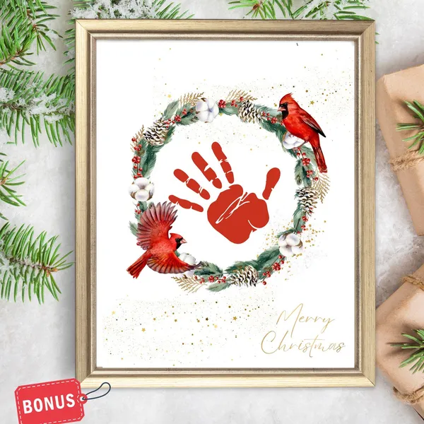 Christmas Wreath Handprint Art, Winter Cardinal Keepsake