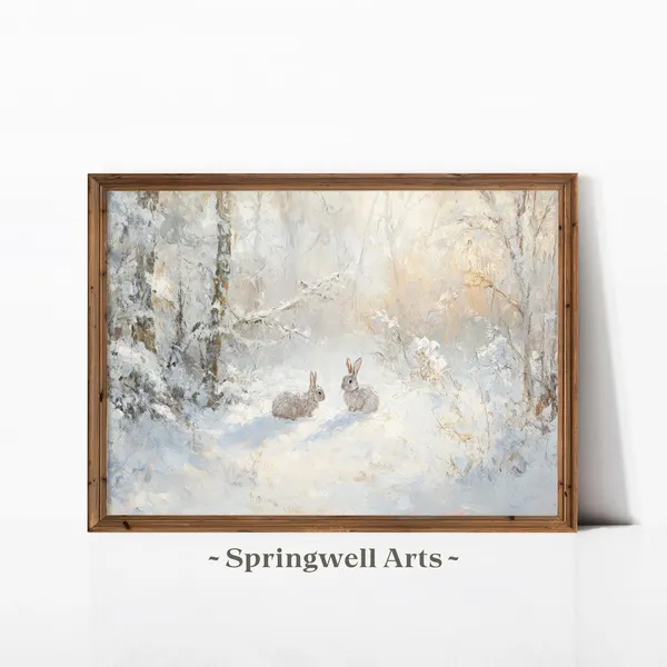 Winter Bunny Rabbits Art Print, Vintage Rustic Farmhouse