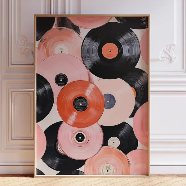 Pink Vinyl Record Retro Print, Vintage Abstract Watercolor