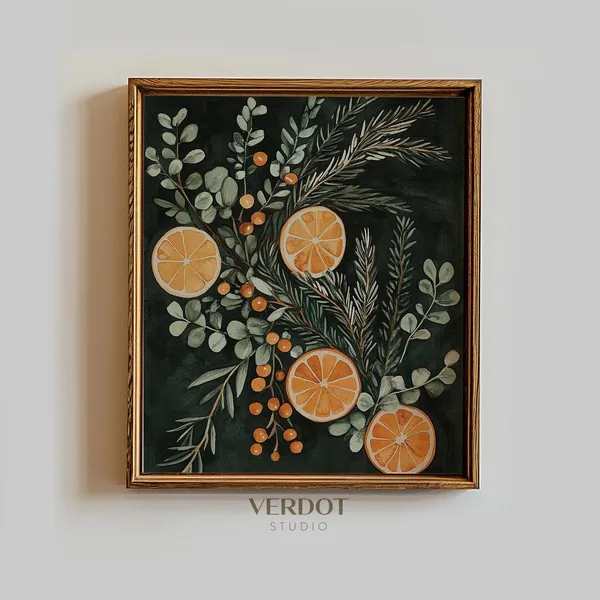 Orange Christmas Painting Print, Botanical Holiday Decor
