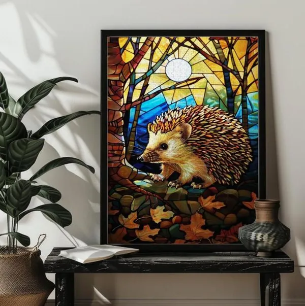 Stained Glass Hedgehog Fall Autumn Jigsaw Puzzle