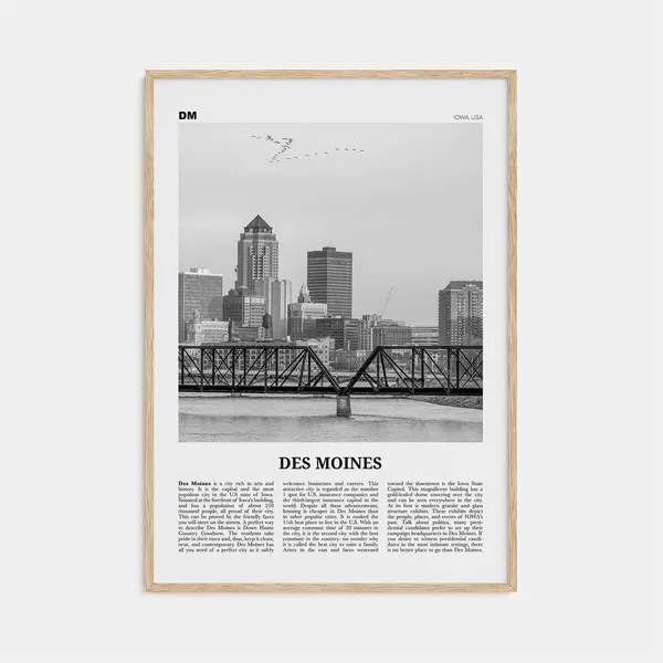 Des Moines Black and White Travel Poster, Iowa