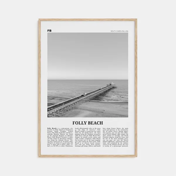 Folly Beach Black and White Travel Poster, South Carolina
