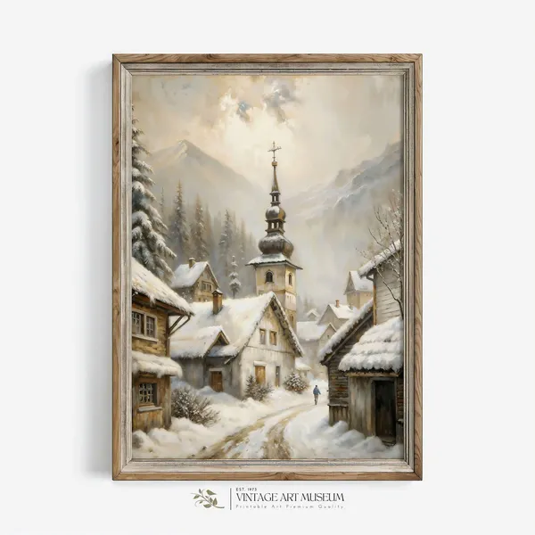 Snowy Village Christmas Winter Print, Rustic Holiday
