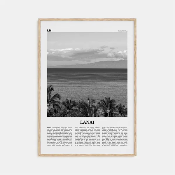 Lanai Black and White Map Travel Poster, Hawaii