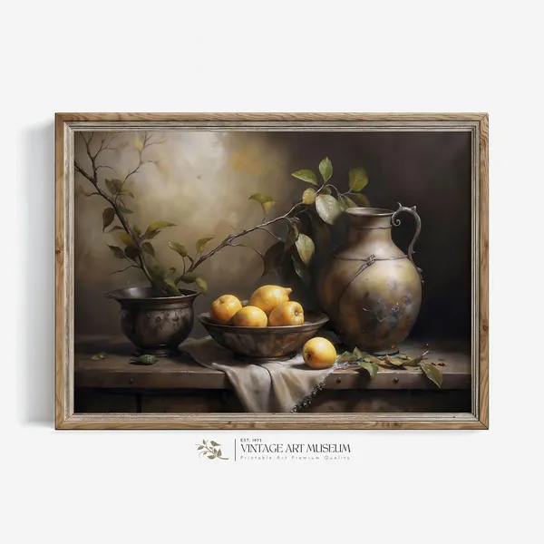 Lemons And Clay Jug Still Life, Vintage Oil Print