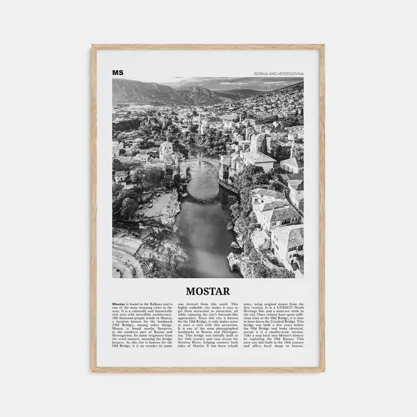 Mostar Black and White Travel Poster, Bosnia Map