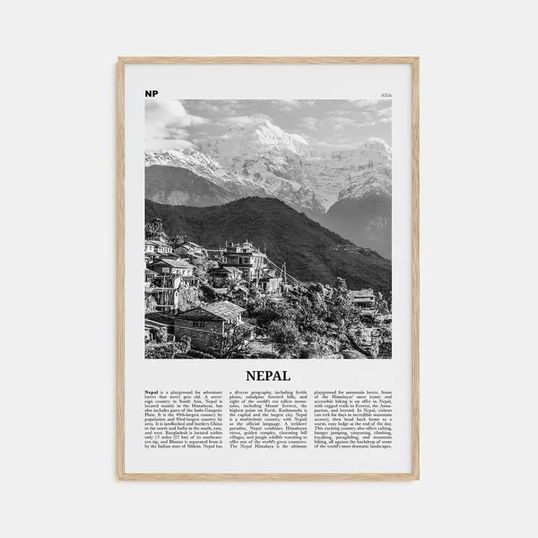Nepal Black and White Travel Poster, Kathmandu Asia