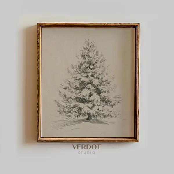 Vintage Christmas Tree Drawing, Neutral Winter Poster