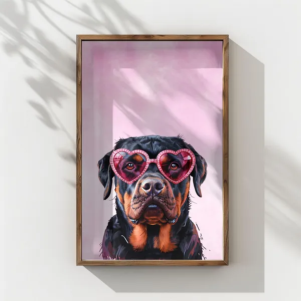 Rottweiler Heart Glasses Art Print, Pink Home Decor