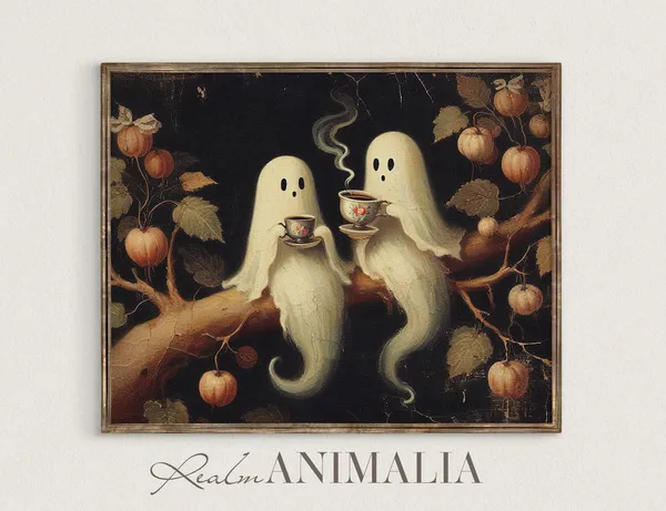 Vintage Folk Art Ghosts Art Print, Halloween