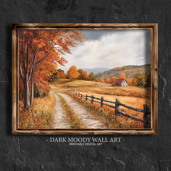Autumn Cottage Landscape Print, Vintage Farmhouse Decor
