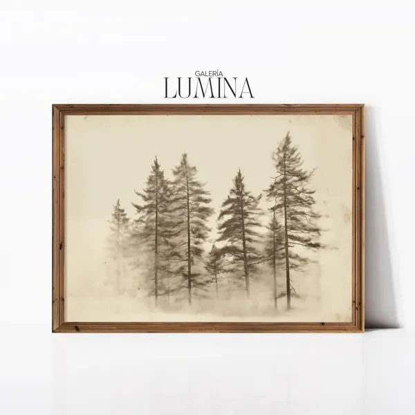 Vintage Pine Tree Etching, Rustic Neutral Art Print