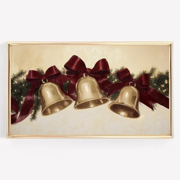 Christmas Bells and Bows Gold Burgundy Art Print