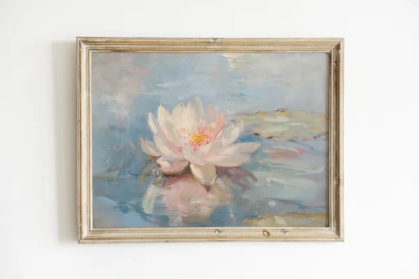 Vintage Pond Painting, Pastel Floral Art Print