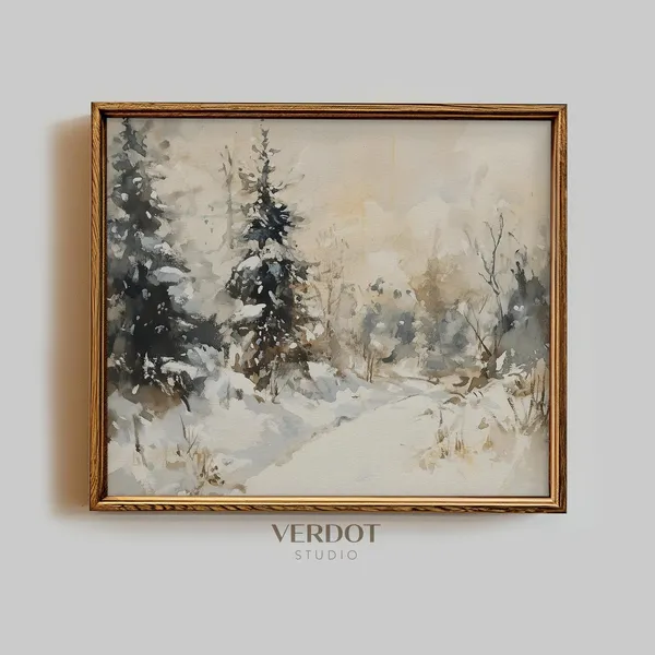 Snowy Winter Landscape Painting Print, Vintage Christmas