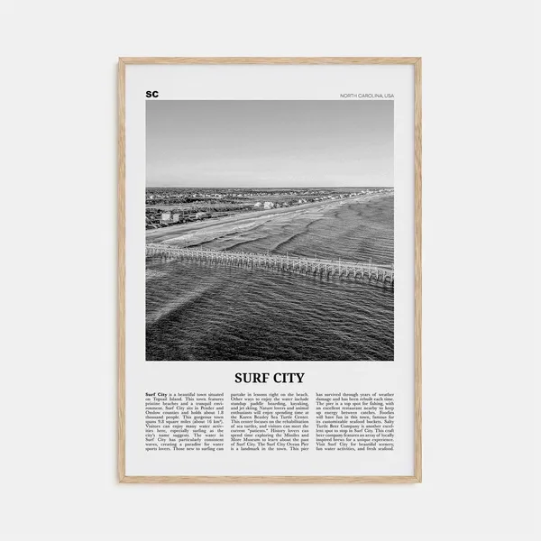 Surf City, North Carolina Black And White Travel Poster
