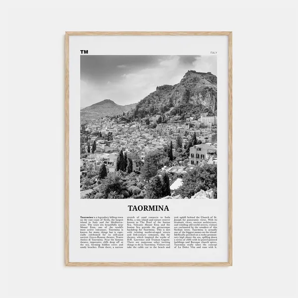 Taormina Map Italy Travel Poster, Black and White