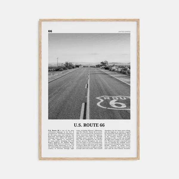 US Route 66 Black And White Travel Map Poster