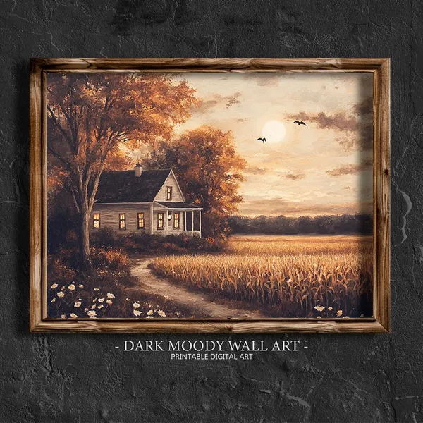 Dark Moody Country Cottage Vintage Farm Landscape