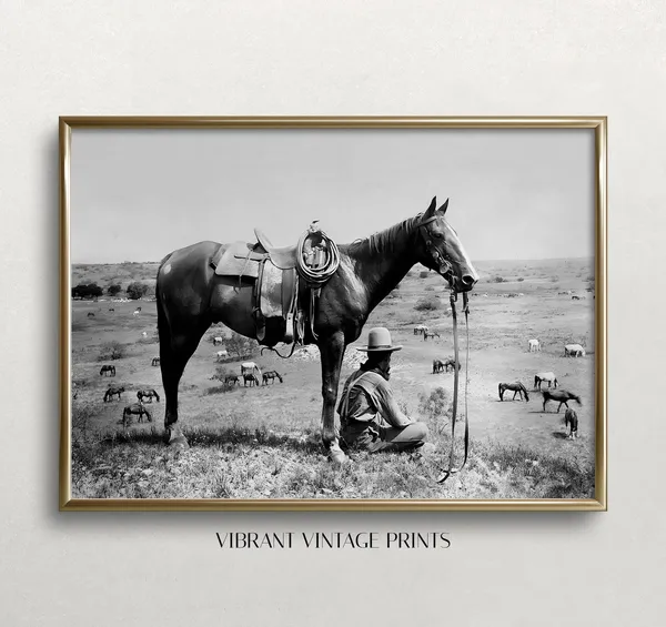 Resting Cowboy Vintage Western Art Print, Black and White