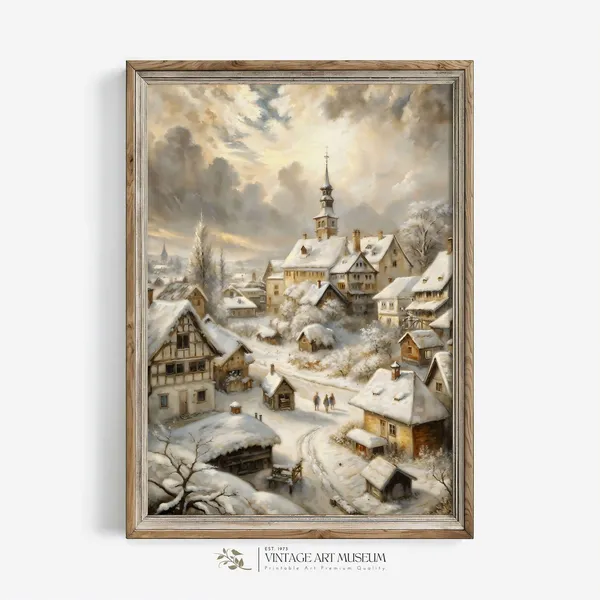 Neutral Winter Wonderland German Village Vintage Art Print