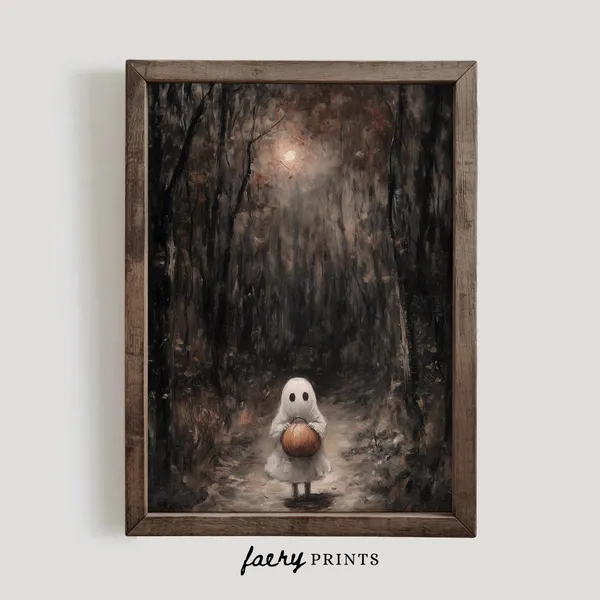 Cute Ghost Trick Or Treating Art Print, Halloween