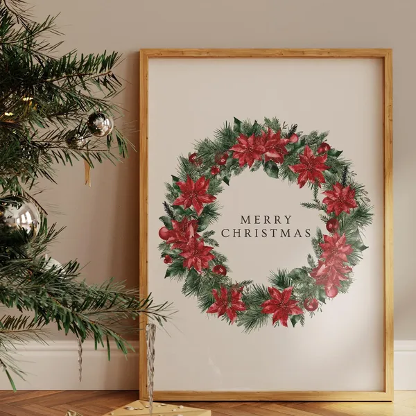 Merry Christmas Vintage Holiday Poster, Poinsettia Wreath