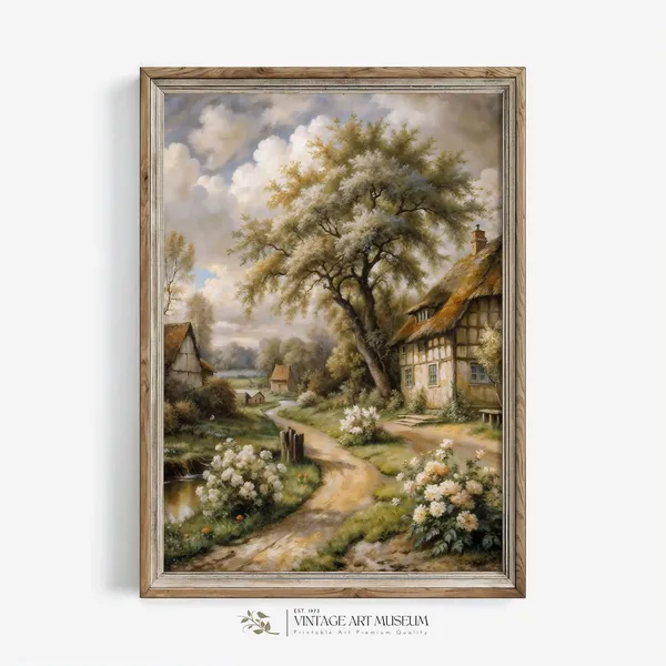 Spring Village Landscape, Vintage Style Art Print