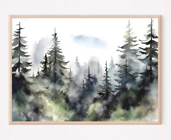 Evergreen Trees Watercolor Misty Forest Art Print