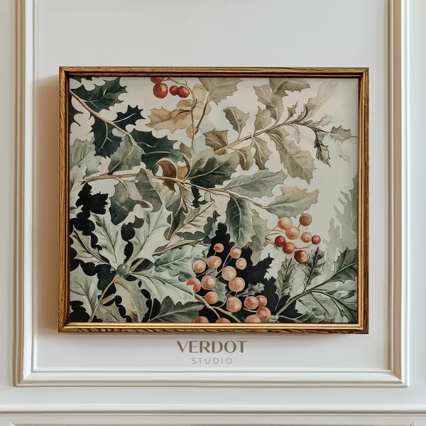 Vintage Holly Christmas Poster, Winter Berries Botanical
