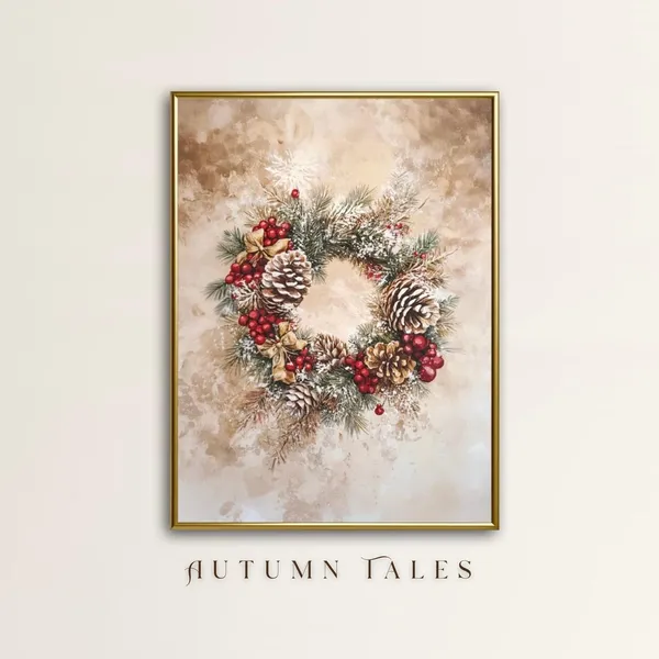 Christmas Wreath Watercolor Art Print, Holiday Decor