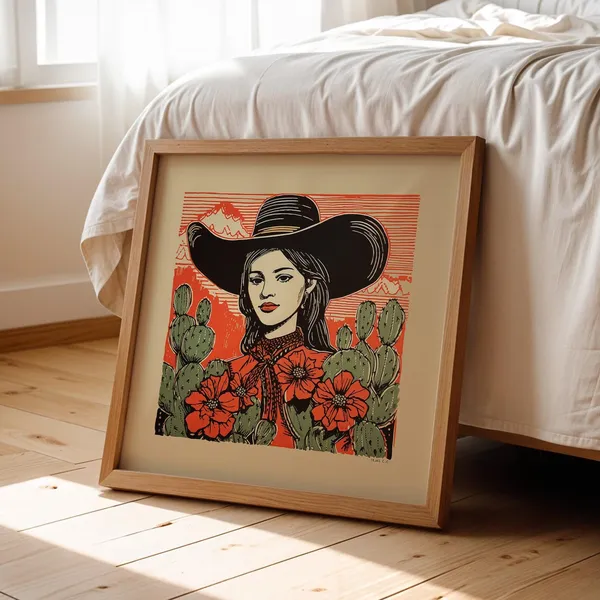 Cowgirl Desert Linocut Art Print, Ranch Decor