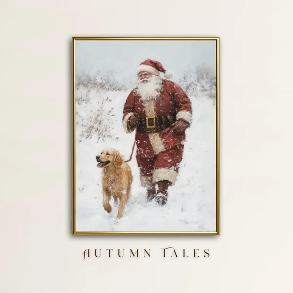 Vintage Santa With Golden Retriever, Christmas Art Print