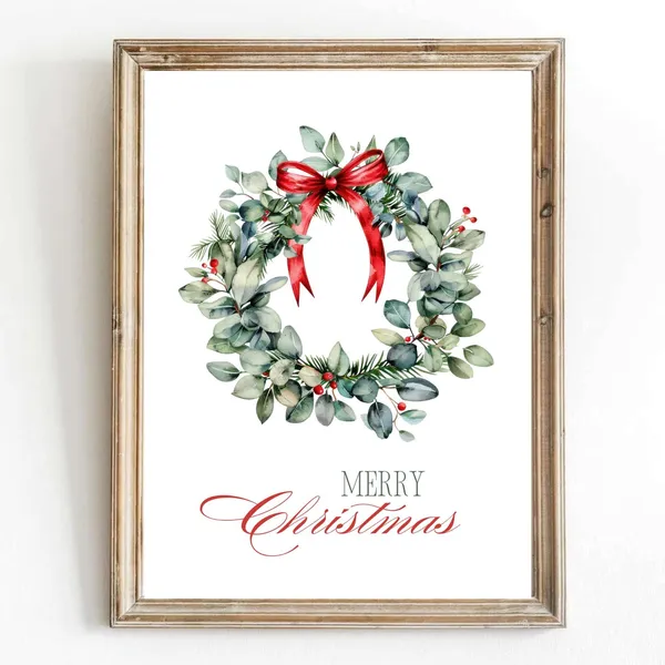 Christmas Wreath Art Print, Winter Botanical Holiday Decor