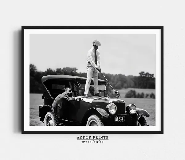 Golfer Teeing On Car, Vintage Golf Poster