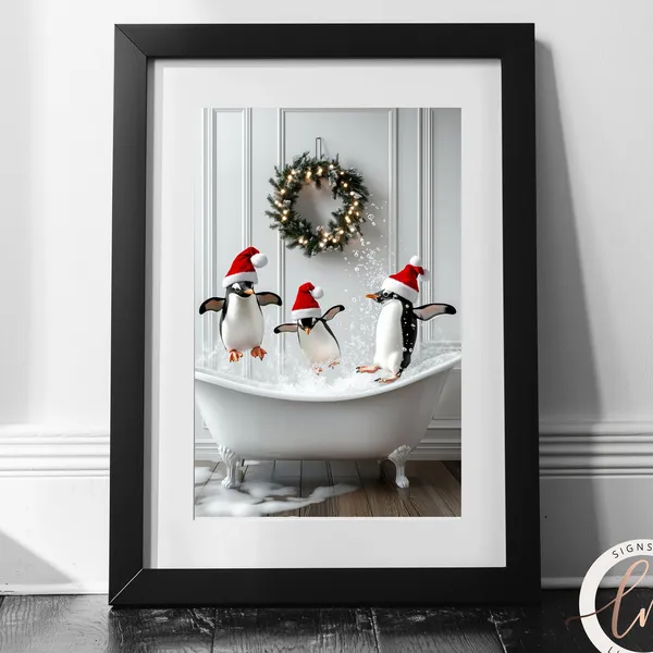 Cute Penguins in a Vintage Tub Christmas Art Print